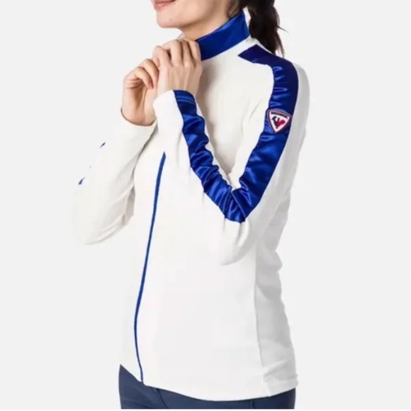 Rossignol White Velour & Blue Satin Stripe Zip Up Track Jacket Sweatshirt Medium - Picture 2 of 13